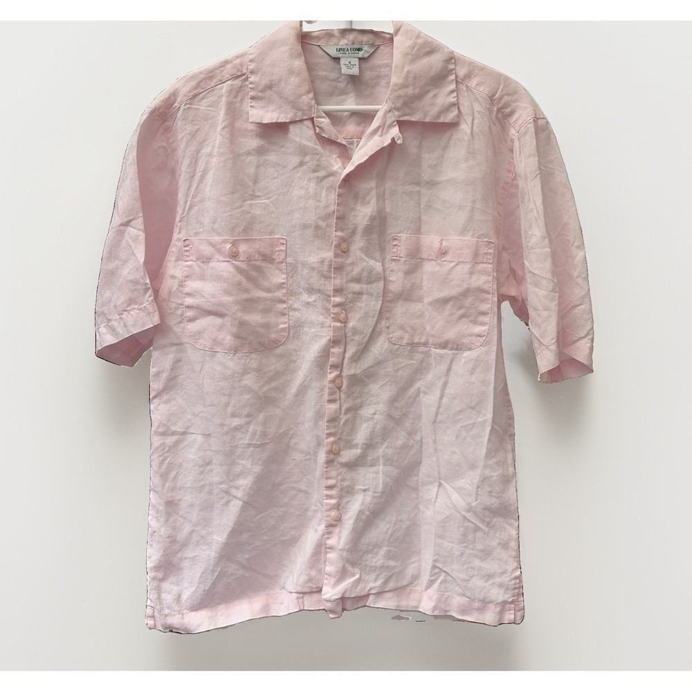 Linea Uomo 100% Ramie Pink Short Sleeve Preppy Button Down Shirt Ultra Light